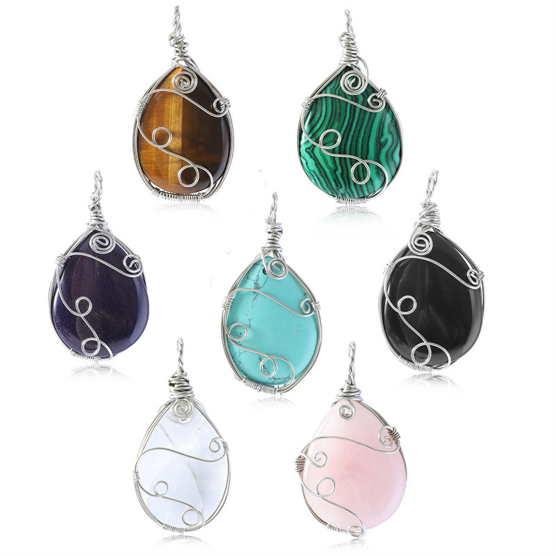 Gemstone 25x35MM Teardrop Wrapped Steel Wire Stone Pendant (28X50MM)