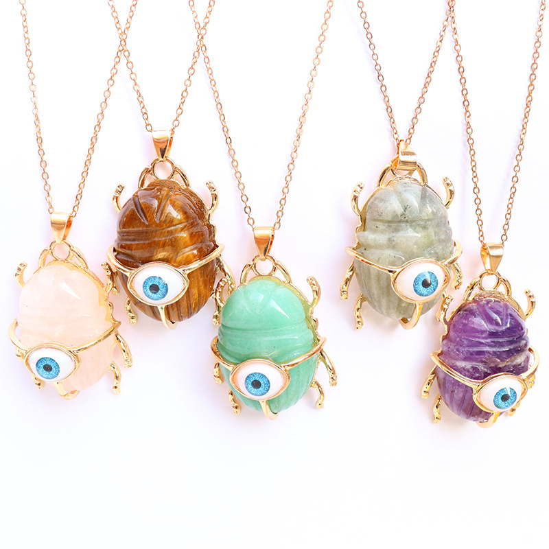 Gemstone Golden Beetle Eye Pendant Necklace 45CM Chain