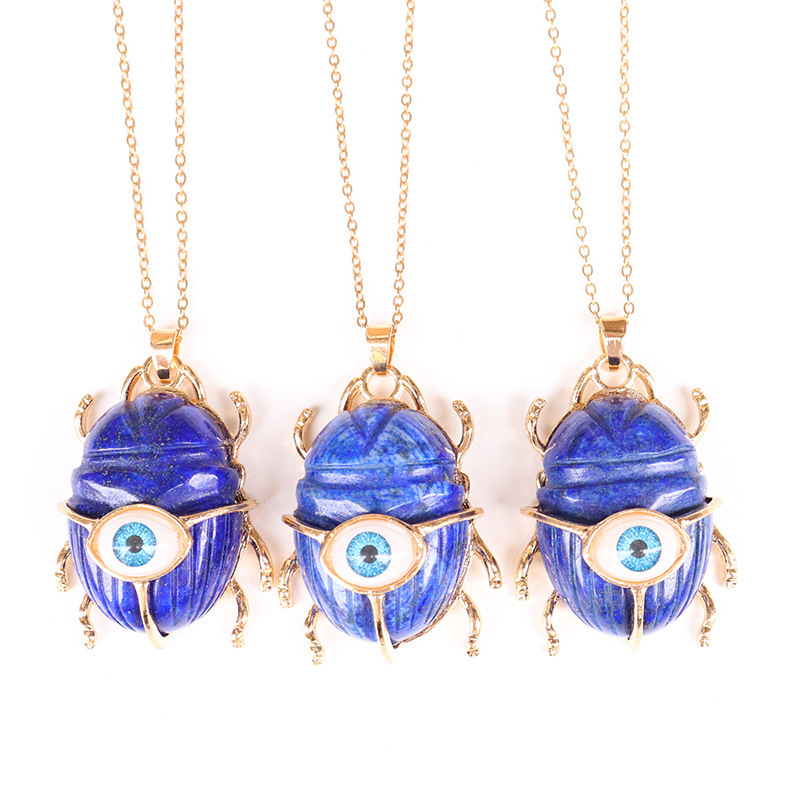 Gemstone Golden Beetle Eye Pendant Necklace 45CM Chain