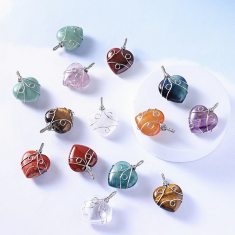 Gemstone 30MM Heart Wrapped Steel Wire Stone Pendant