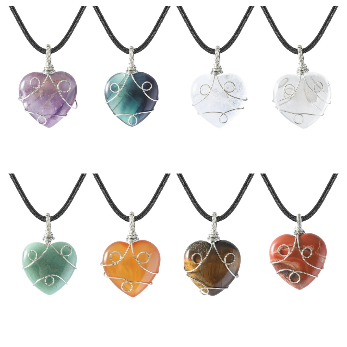 Gemstone 30MM Heart Wrapped Steel Wire Stone Pendant