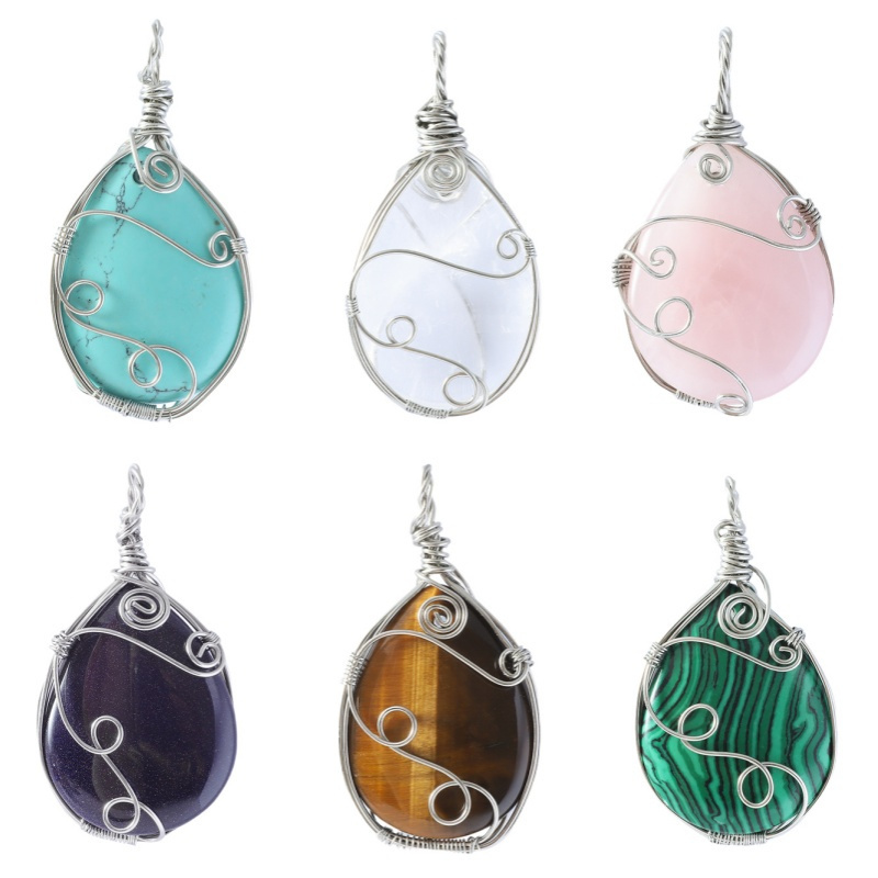 Gemstone 25x35MM Teardrop Wrapped Steel Wire Stone Pendant (28X50MM)