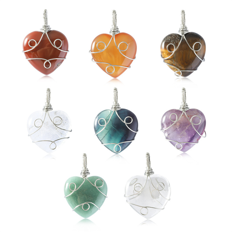 Gemstone 30MM Heart Wrapped Steel Wire Stone Pendant