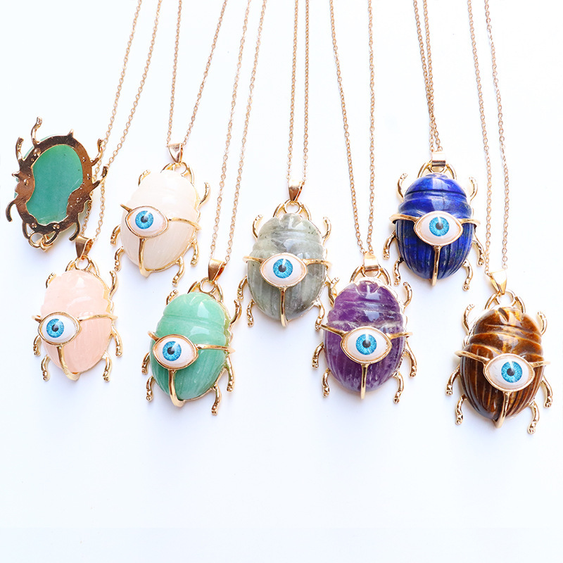 Gemstone Golden Beetle Eye Pendant Necklace 45CM Chain
