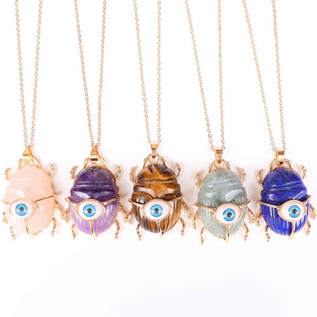 Gemstone Golden Beetle Eye Pendant Necklace 45CM Chain
