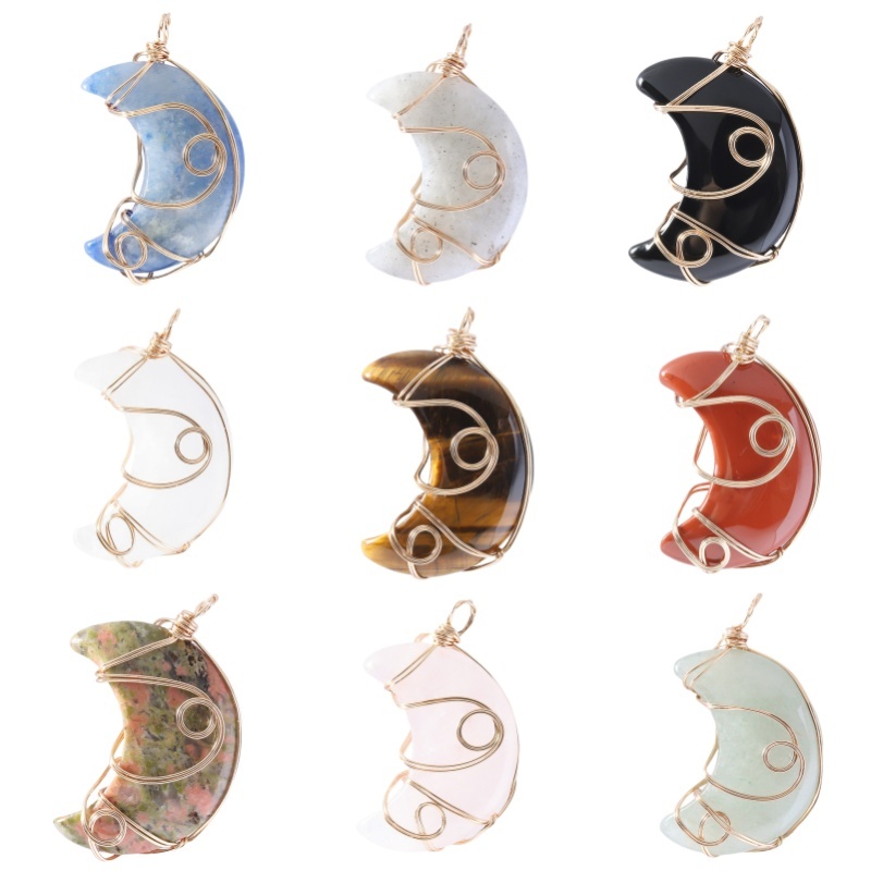 Natural Gemstone Steel Wire Moon Pendant for Making Jewelry