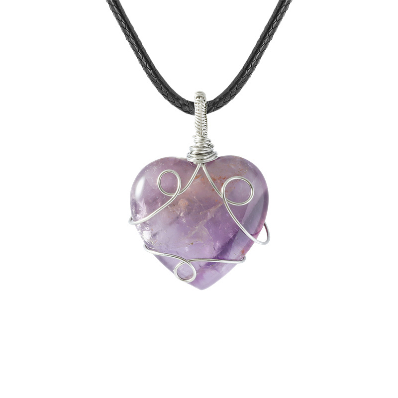 Gemstone 30MM Heart Wrapped Steel Wire Stone Pendant