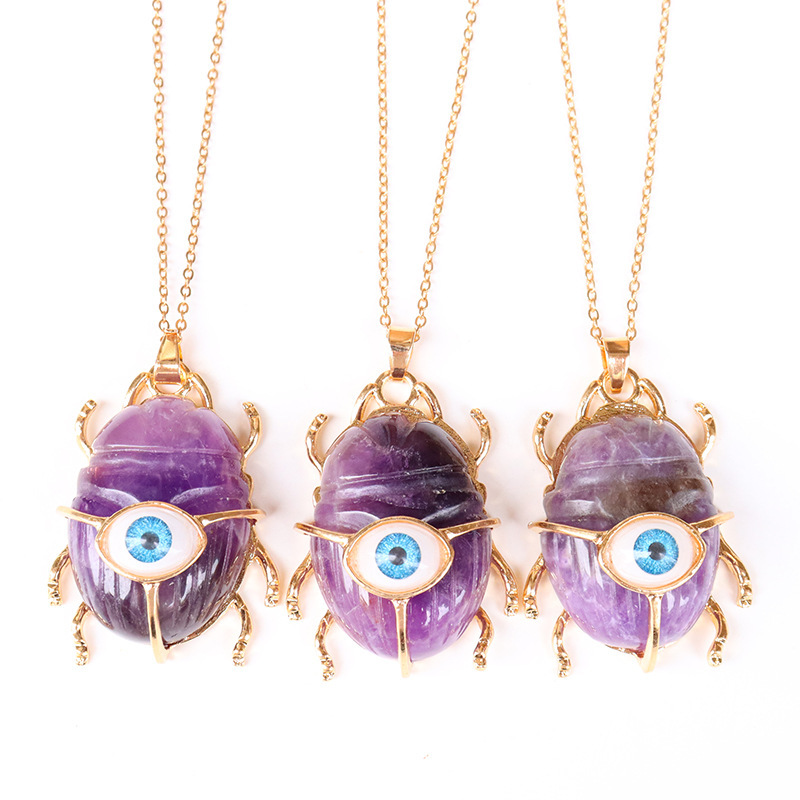 Gemstone Golden Beetle Eye Pendant Necklace 45CM Chain