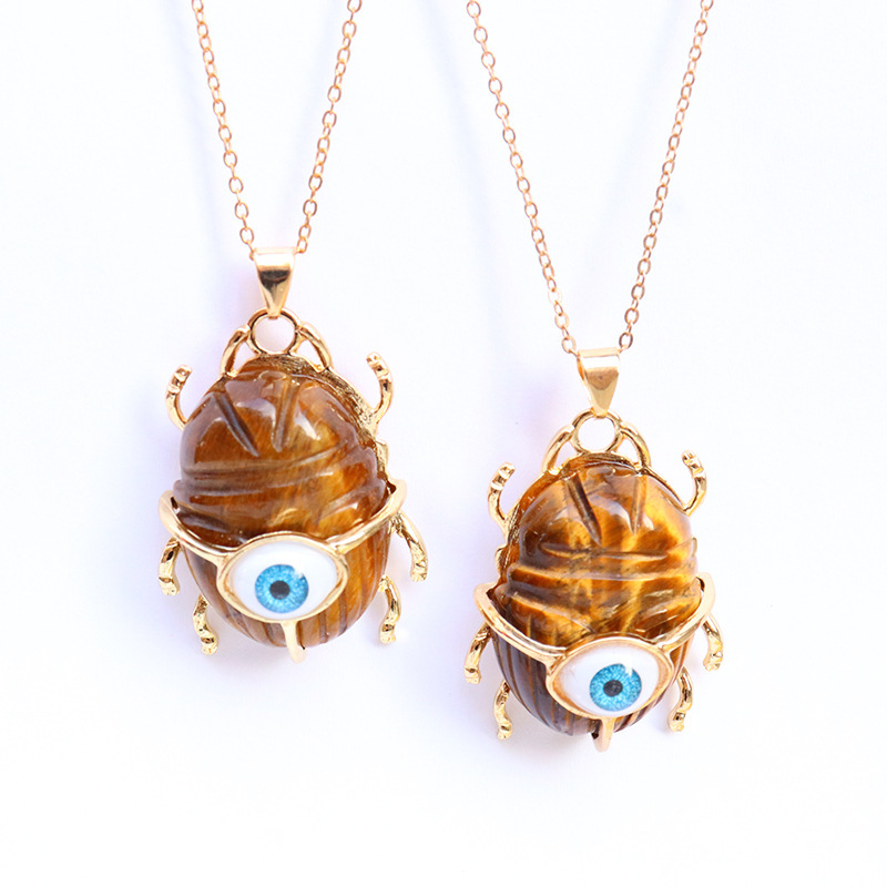 Gemstone Golden Beetle Eye Pendant Necklace 45CM Chain