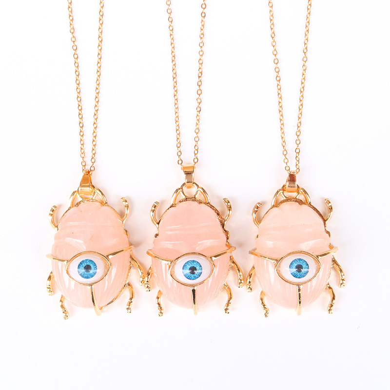 Gemstone Golden Beetle Eye Pendant Necklace 45CM Chain