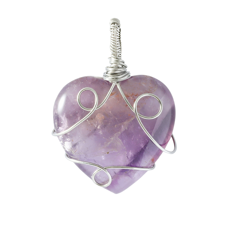 Gemstone 30MM Heart Wrapped Steel Wire Stone Pendant