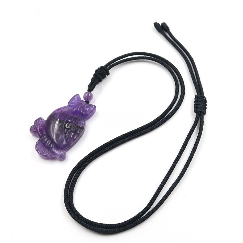 Handmade Craved Owl Gemstone Pendant Necklace Adjustable Rope