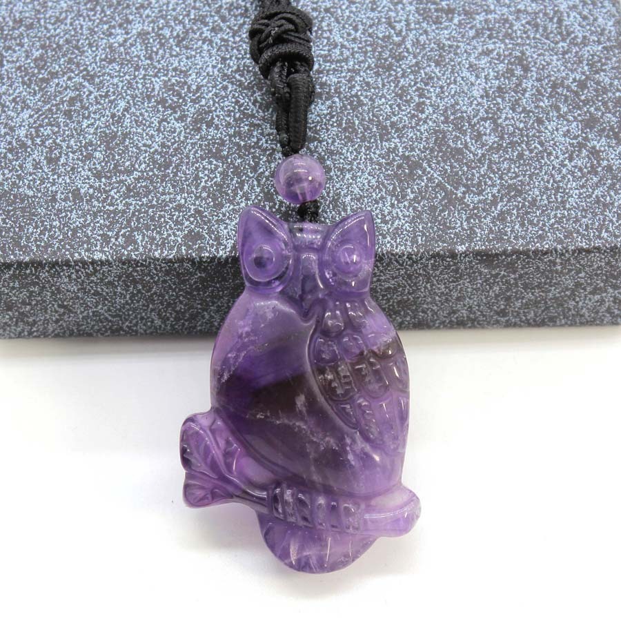 Handmade Craved Owl Gemstone Pendant Necklace Adjustable Rope