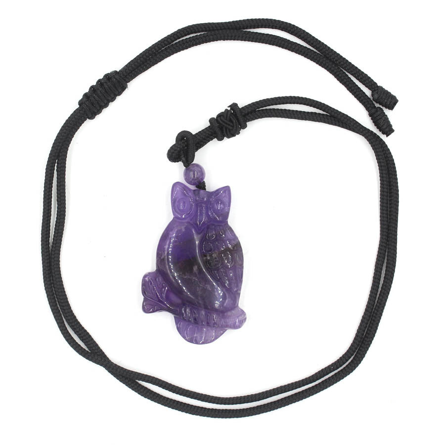 Handmade Craved Owl Gemstone Pendant Necklace Adjustable Rope