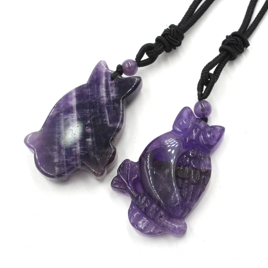 Handmade Craved Owl Gemstone Pendant Necklace Adjustable Rope