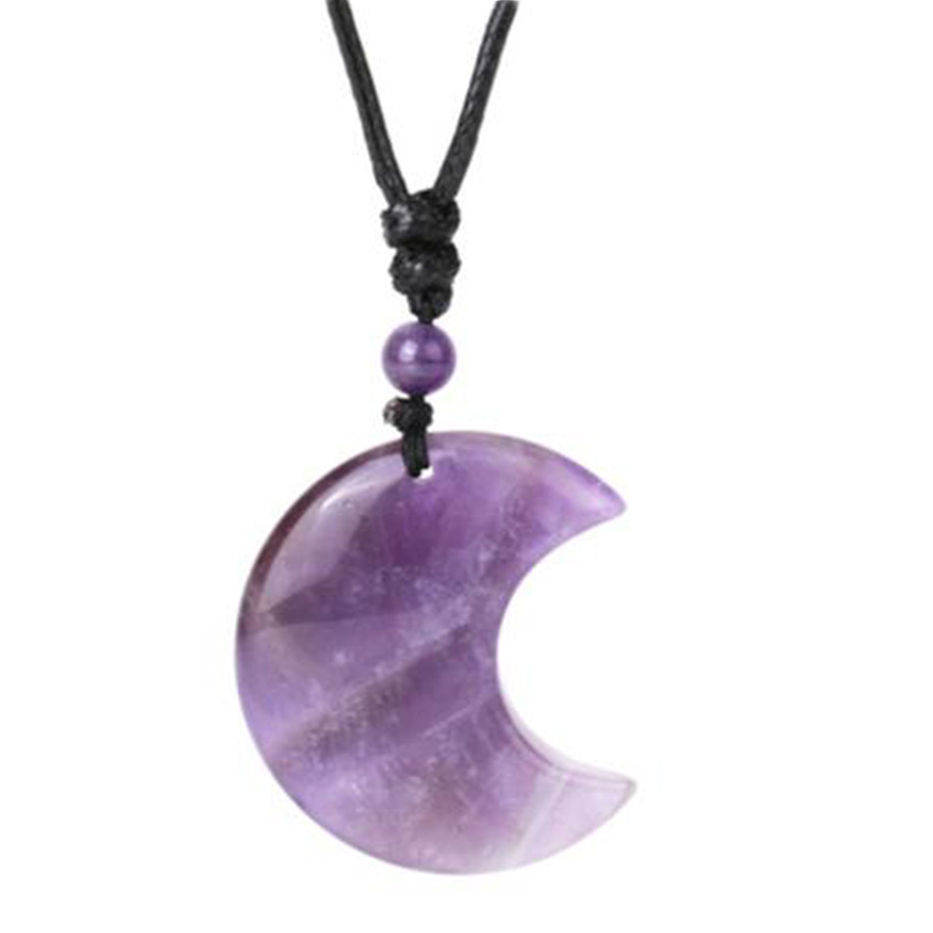Handmade Craved Moon Gemstone Pendant Necklace Adjustable Rope