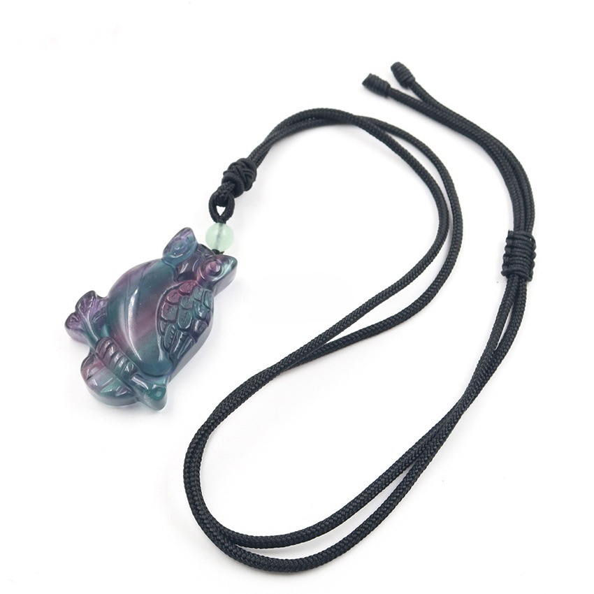Handmade Craved Owl Gemstone Pendant Necklace Adjustable Rope