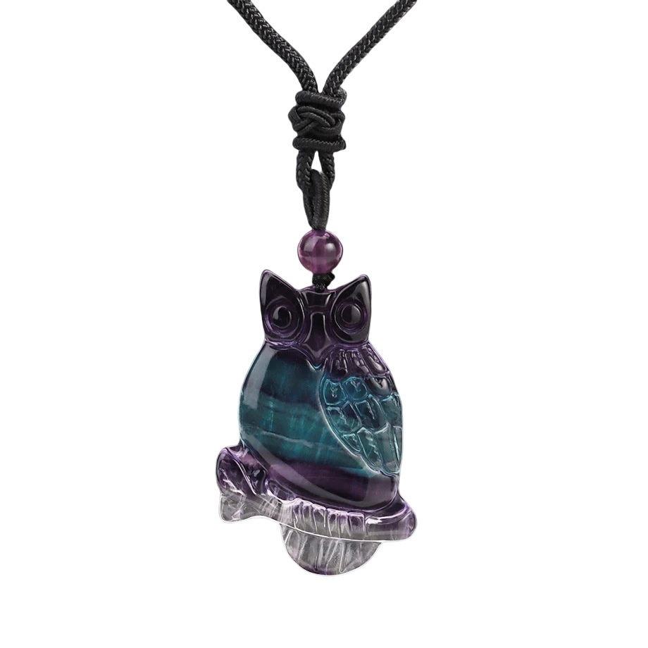 Handmade Craved Owl Gemstone Pendant Necklace Adjustable Rope