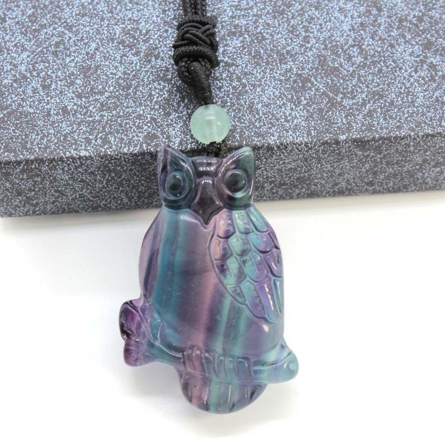 Handmade Craved Owl Gemstone Pendant Necklace Adjustable Rope