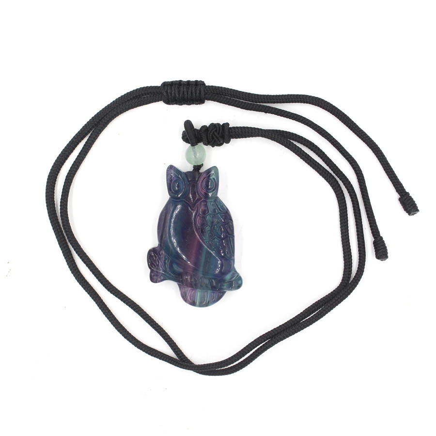 Handmade Craved Owl Gemstone Pendant Necklace Adjustable Rope