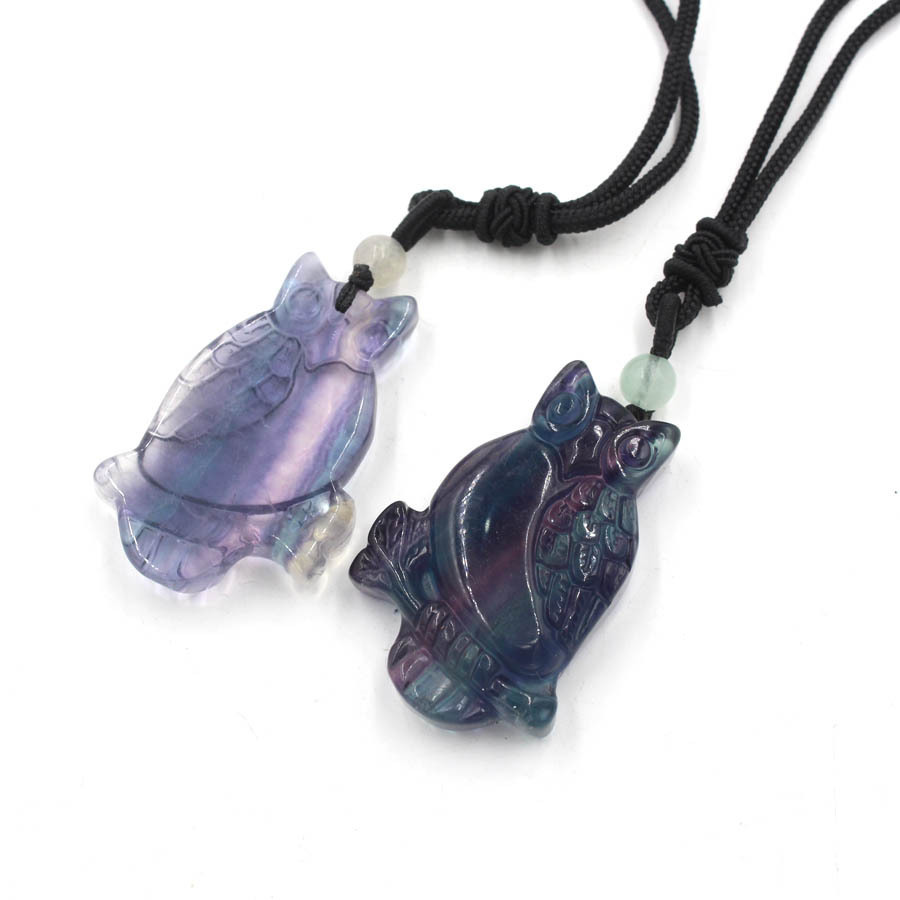 Handmade Craved Owl Gemstone Pendant Necklace Adjustable Rope