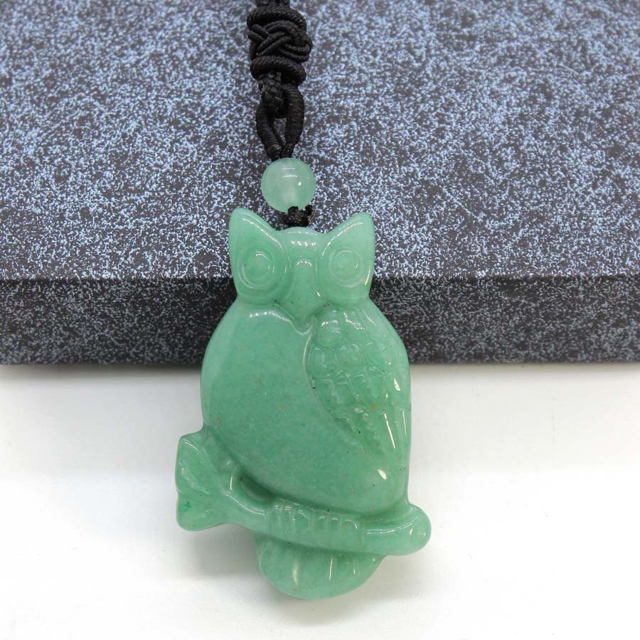 Handmade Craved Owl Gemstone Pendant Necklace Adjustable Rope