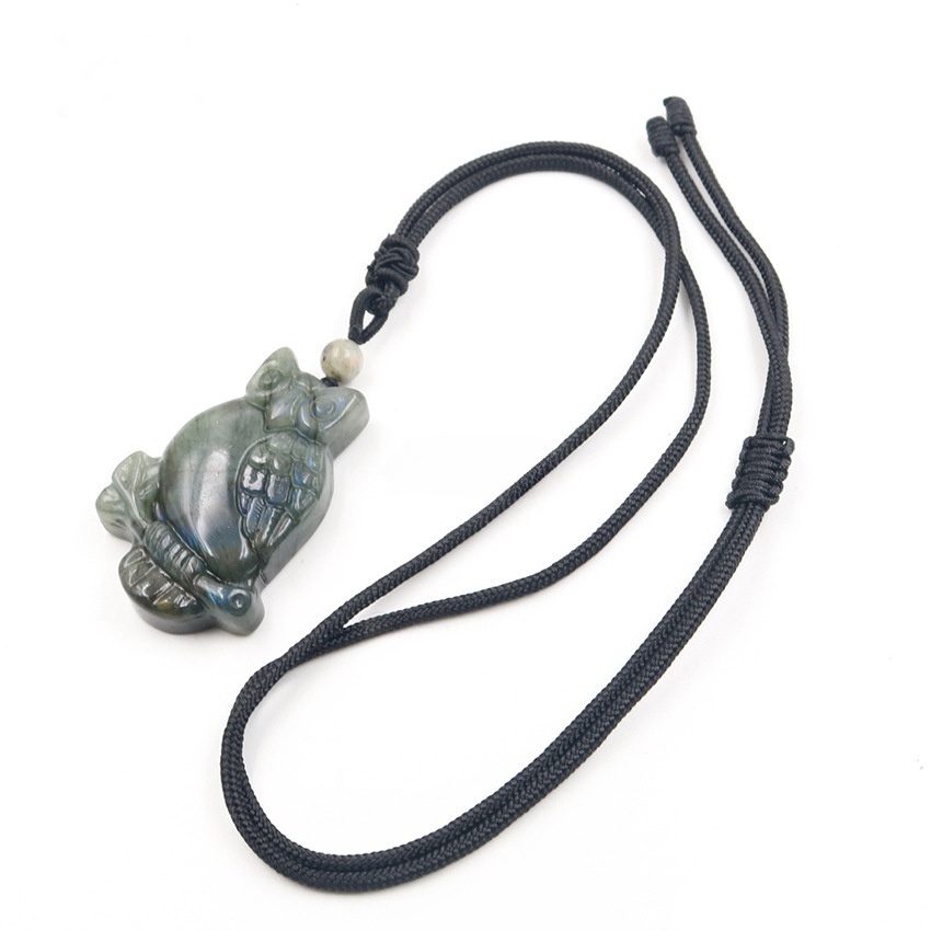 Handmade Craved Owl Gemstone Pendant Necklace Adjustable Rope