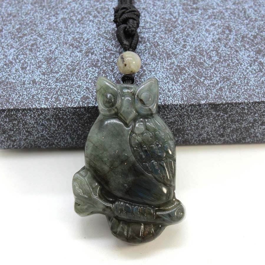 Handmade Craved Owl Gemstone Pendant Necklace Adjustable Rope