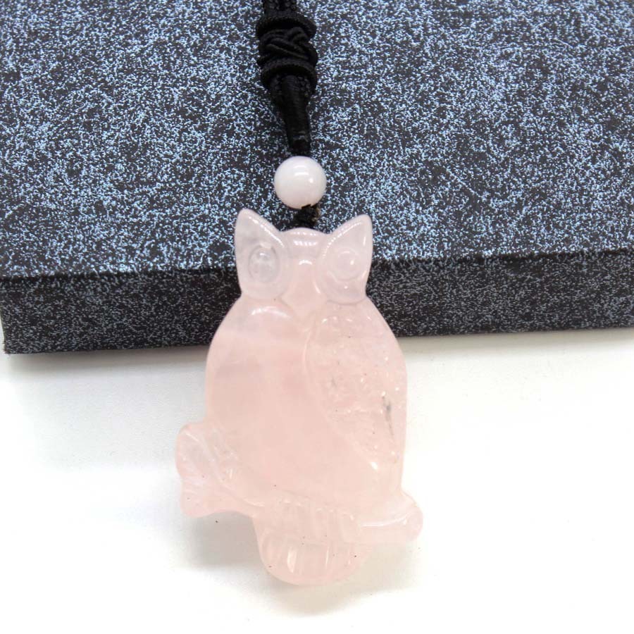 Handmade Craved Owl Gemstone Pendant Necklace Adjustable Rope