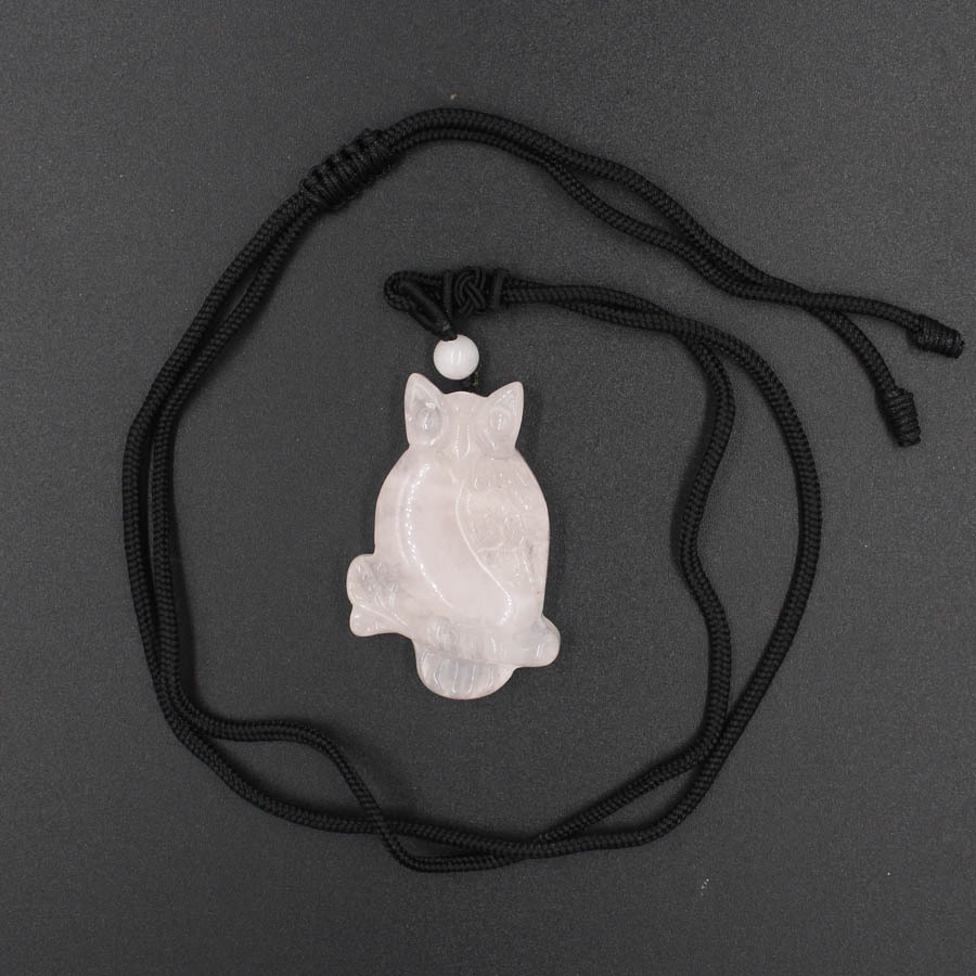 Handmade Craved Owl Gemstone Pendant Necklace Adjustable Rope