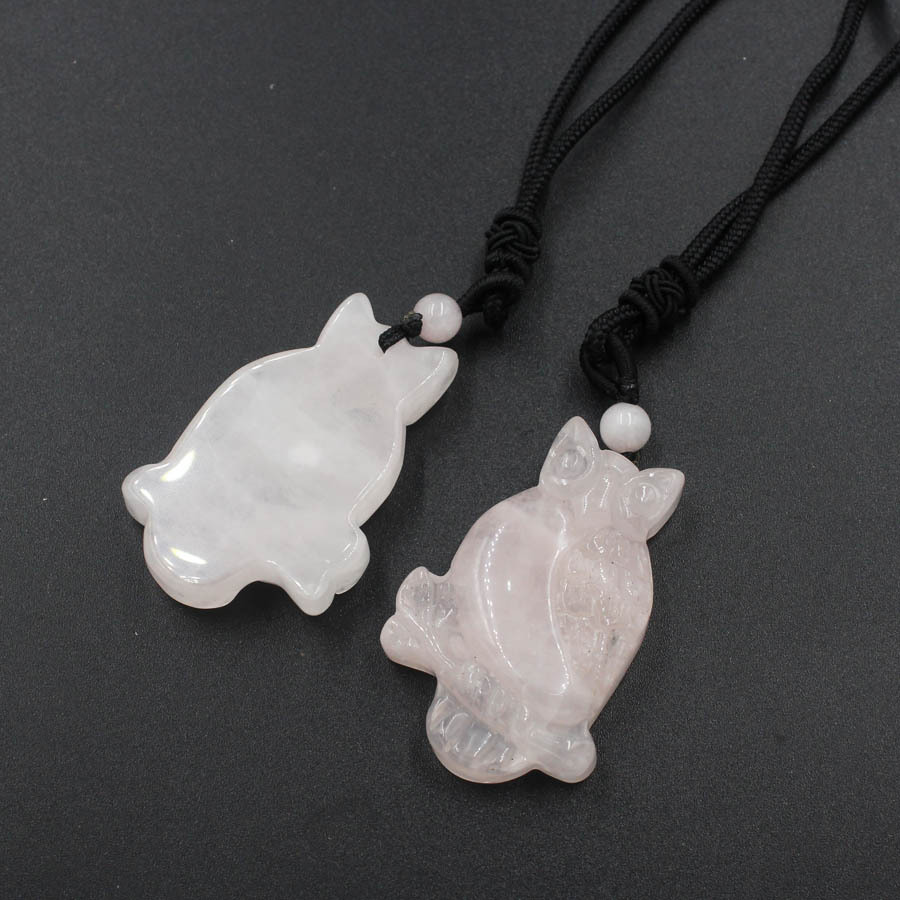 Handmade Craved Owl Gemstone Pendant Necklace Adjustable Rope