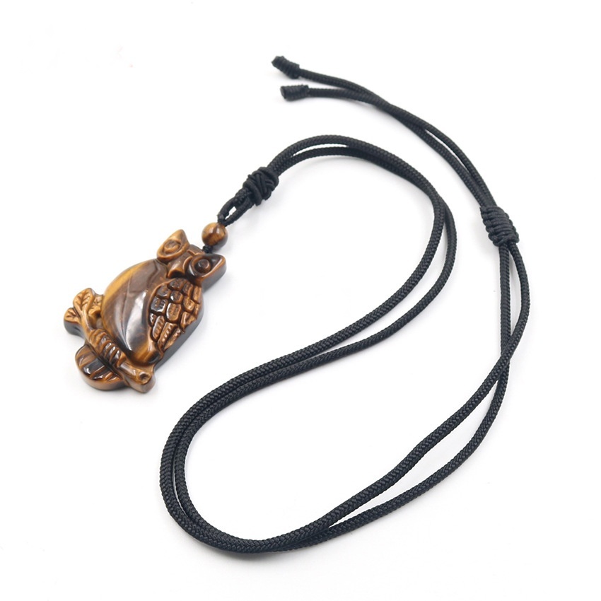 Handmade Craved Owl Gemstone Pendant Necklace Adjustable Rope