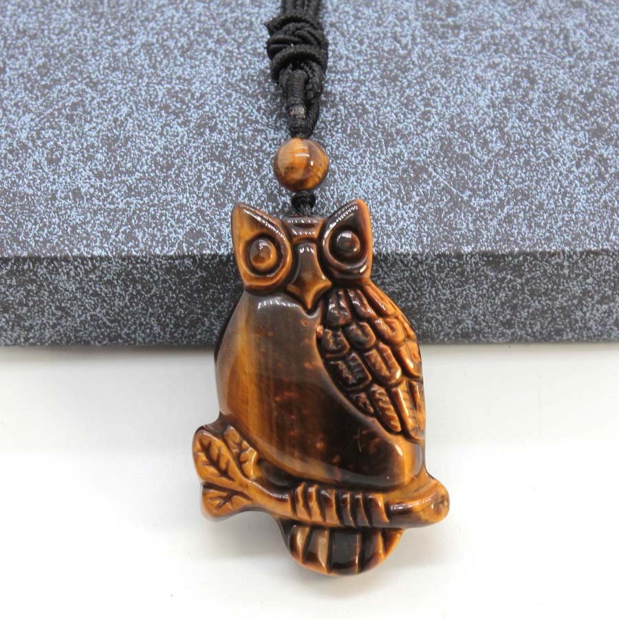 Handmade Craved Owl Gemstone Pendant Necklace Adjustable Rope