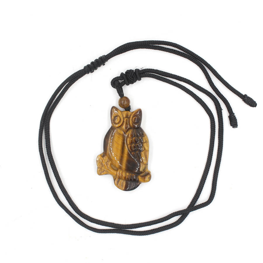 Handmade Craved Owl Gemstone Pendant Necklace Adjustable Rope
