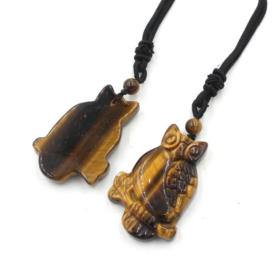 Handmade Craved Owl Gemstone Pendant Necklace Adjustable Rope