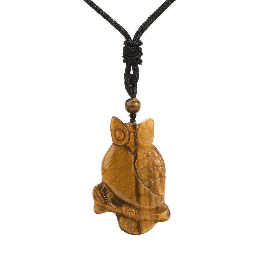 Handmade Craved Owl Gemstone Pendant Necklace Adjustable Rope