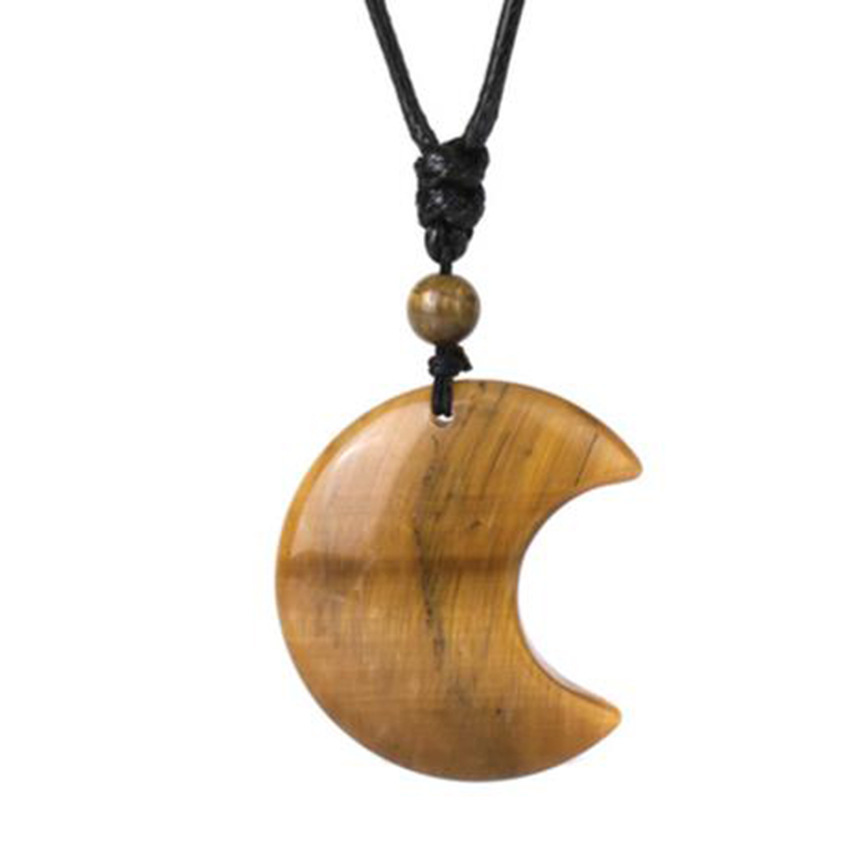Handmade Craved Moon Gemstone Pendant Necklace Adjustable Rope