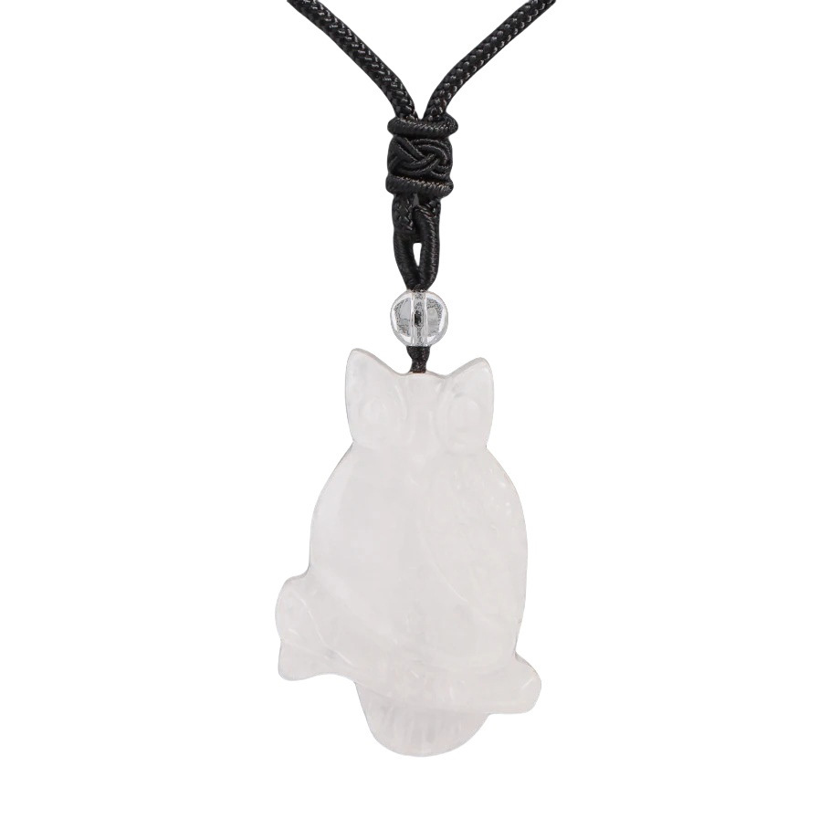 Handmade Craved Owl Gemstone Pendant Necklace Adjustable Rope