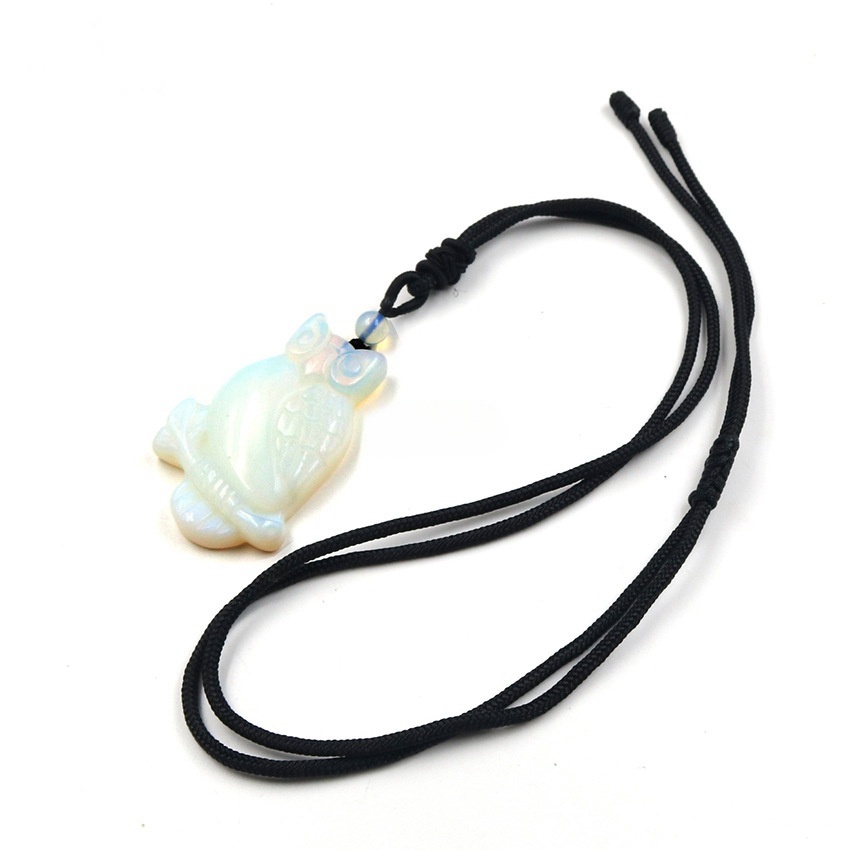 Handmade Craved Owl Gemstone Pendant Necklace Adjustable Rope