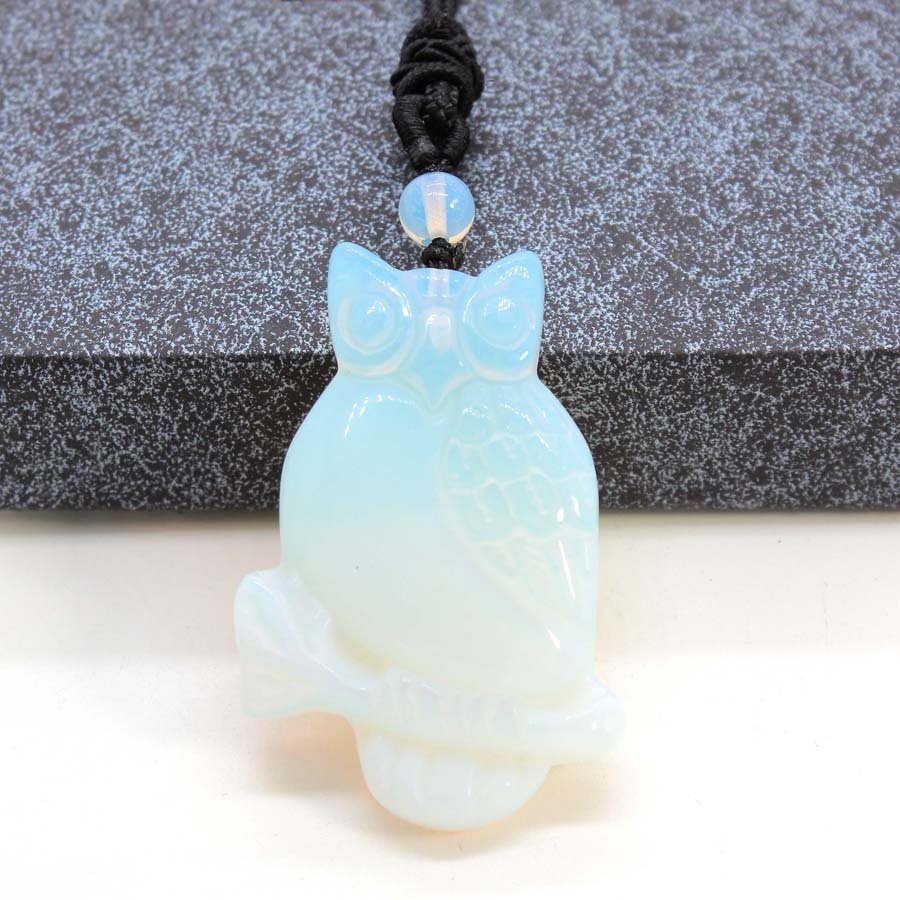 Handmade Craved Owl Gemstone Pendant Necklace Adjustable Rope