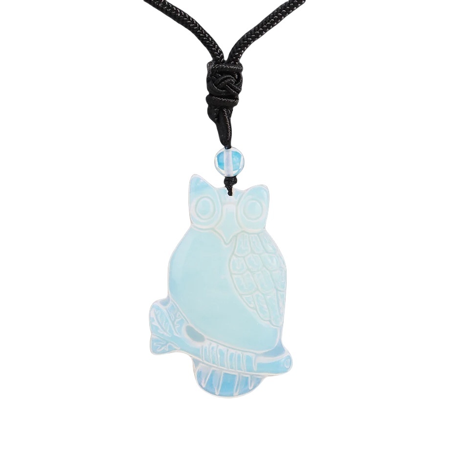 Handmade Craved Owl Gemstone Pendant Necklace Adjustable Rope