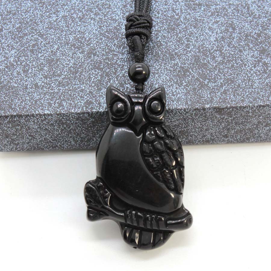 Handmade Craved Owl Gemstone Pendant Necklace Adjustable Rope