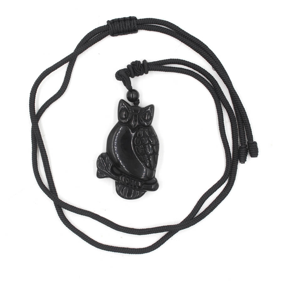 Handmade Craved Owl Gemstone Pendant Necklace Adjustable Rope