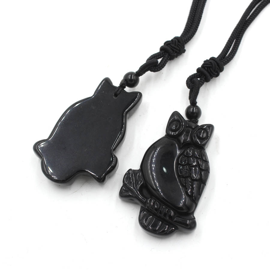 Handmade Craved Owl Gemstone Pendant Necklace Adjustable Rope