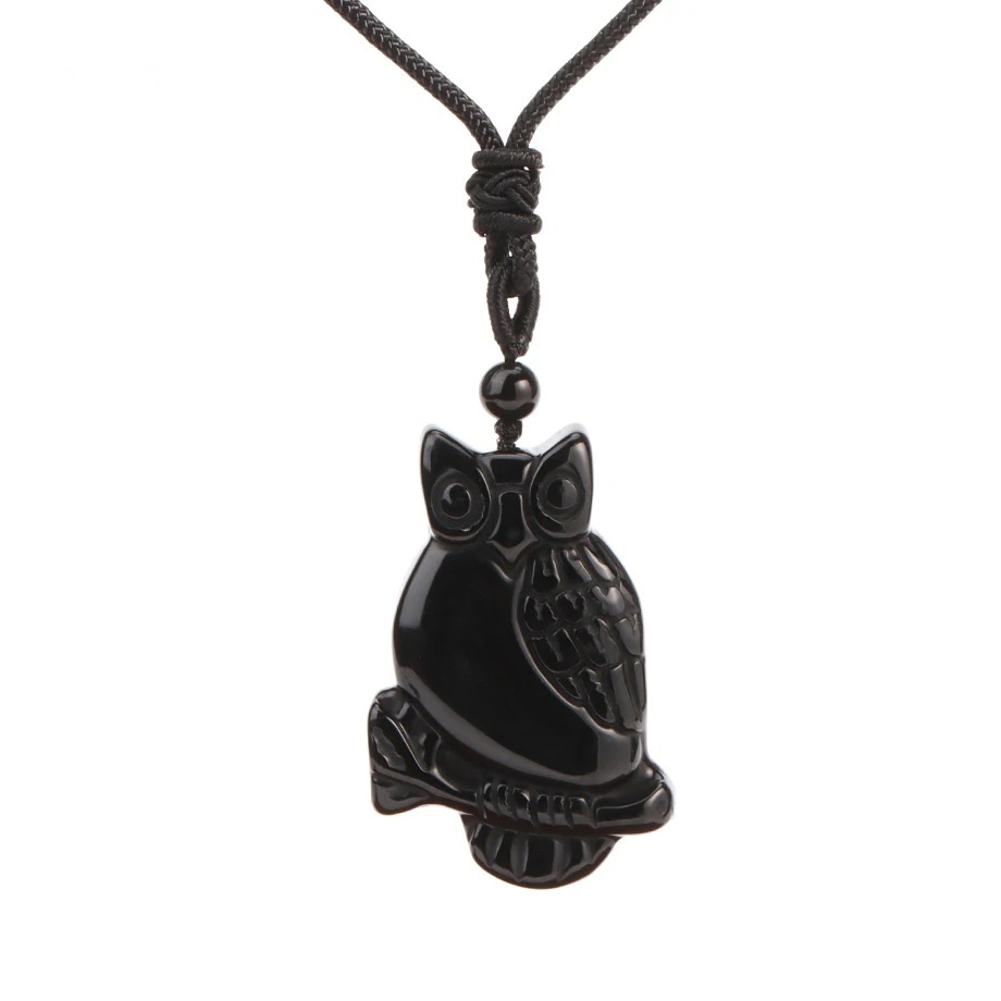 Handmade Craved Owl Gemstone Pendant Necklace Adjustable Rope