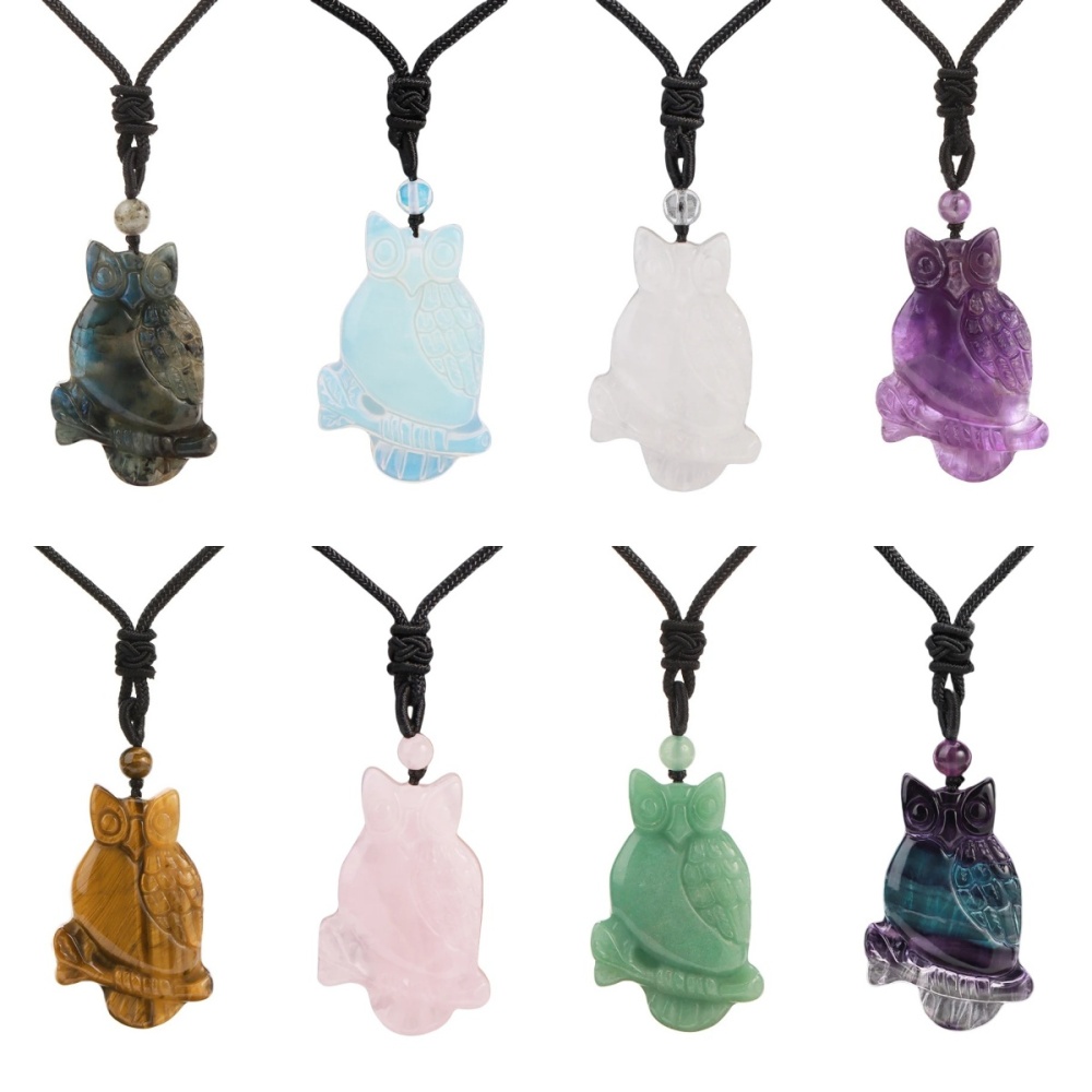 Handmade Craved Owl Gemstone Pendant Necklace Adjustable Rope