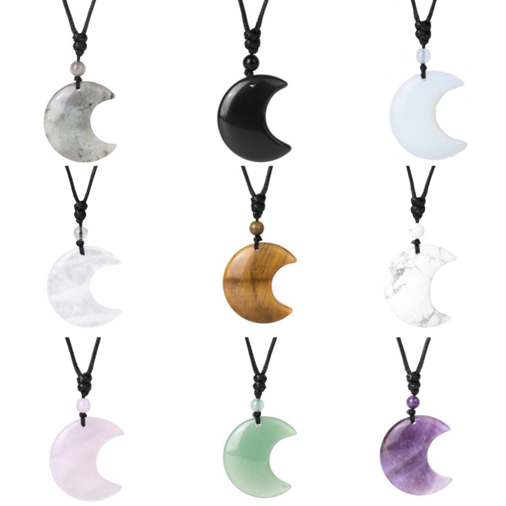 Handmade Craved Yellow Tiger Eye  Moon Gemstone Pendant Necklace Adjustable Rope