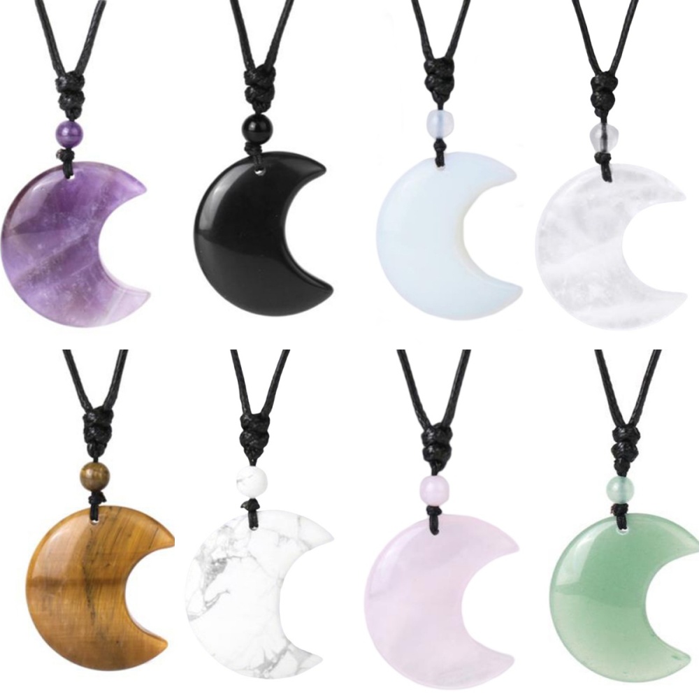 Handmade Craved Moon Gemstone Pendant Necklace Adjustable Rope