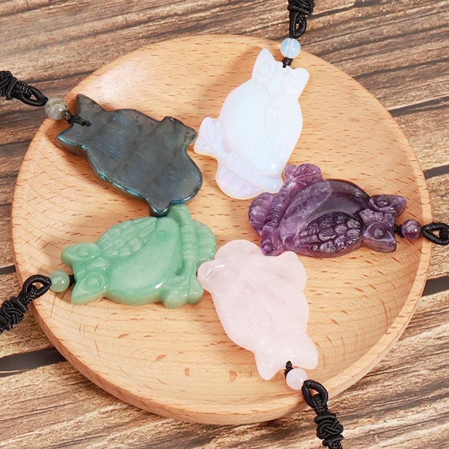 Handmade Craved Owl Gemstone Pendant Necklace Adjustable Rope