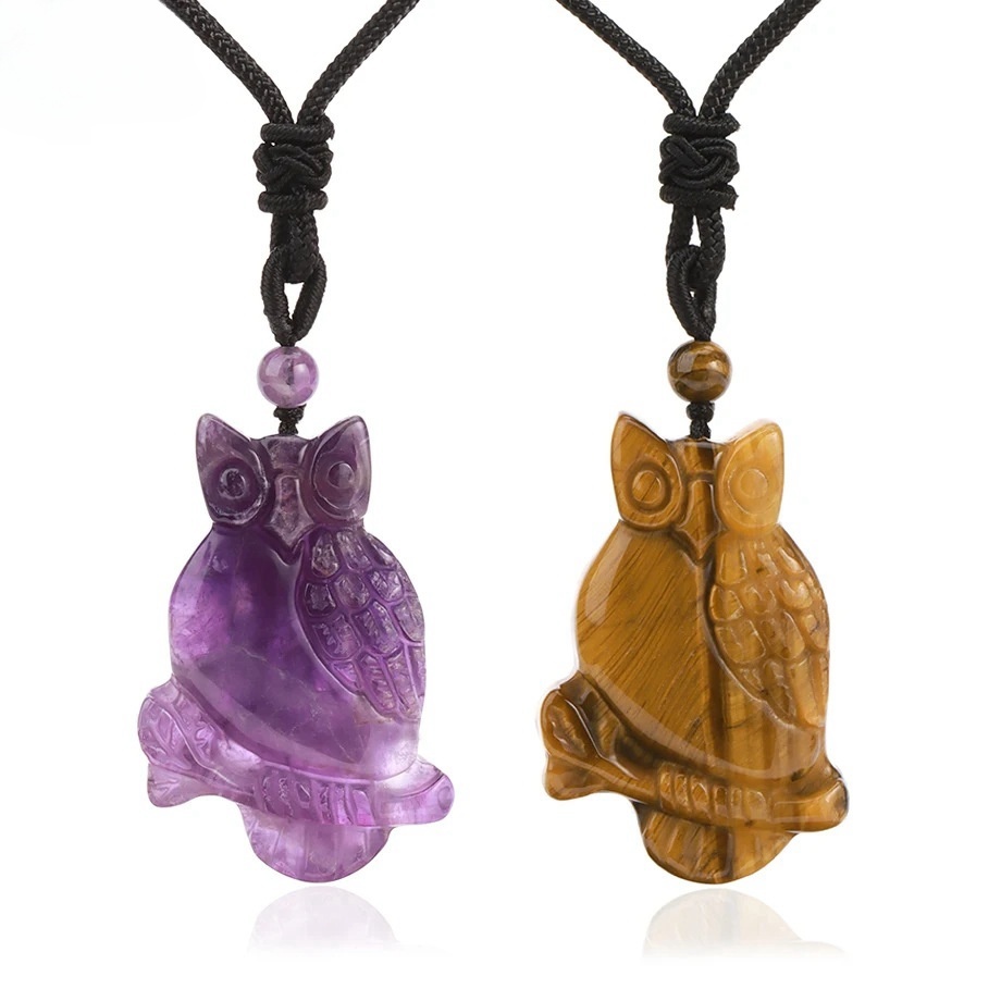 Handmade Craved Owl Gemstone Pendant Necklace Adjustable Rope